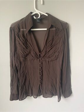 Y2K Moda International 100% Silk Chocolate Brown Sheer Button-up Blouse vintage